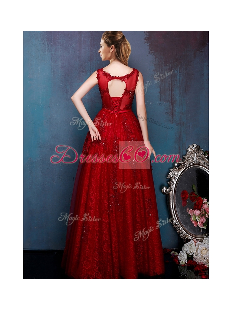 See Through Scoop Wine Red Bridesmaid Dress with Beading and Appliques