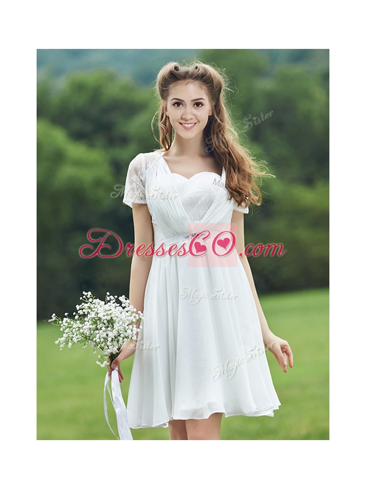 See Through Short Sleeves White Bridesmaid Dress with Belt and Lace