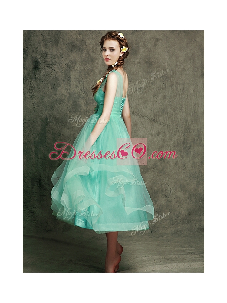 See Through Straps Bridesmaid Dress with Appliques and Hand Made Flowers