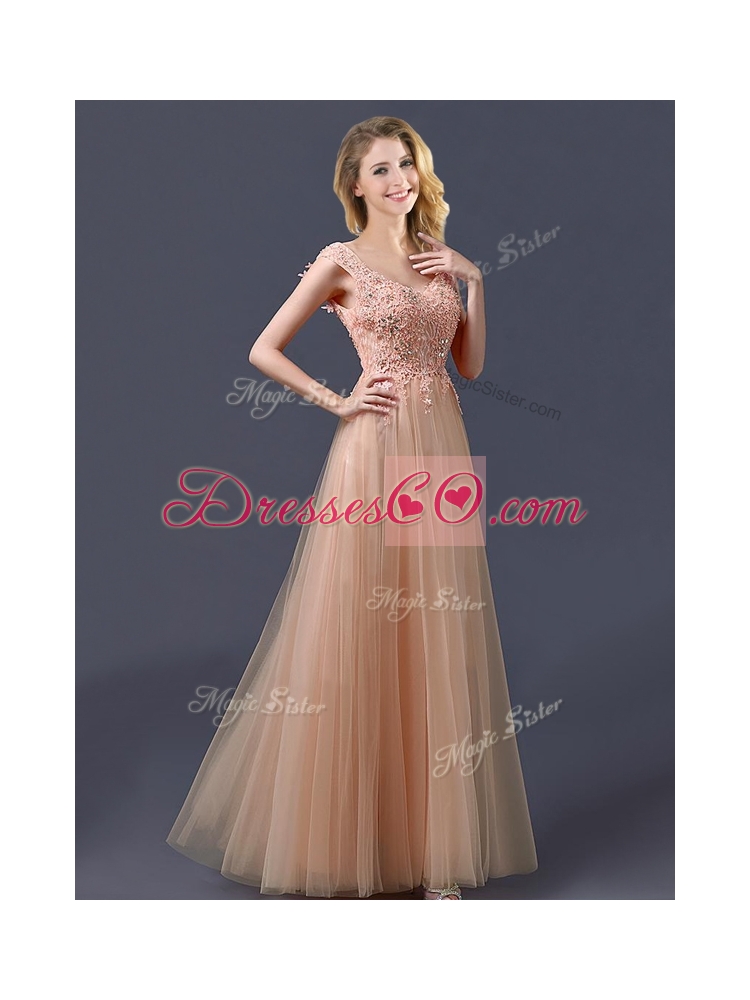 Top V Neck Long Bridesmaid Dress with Appliques and Beading