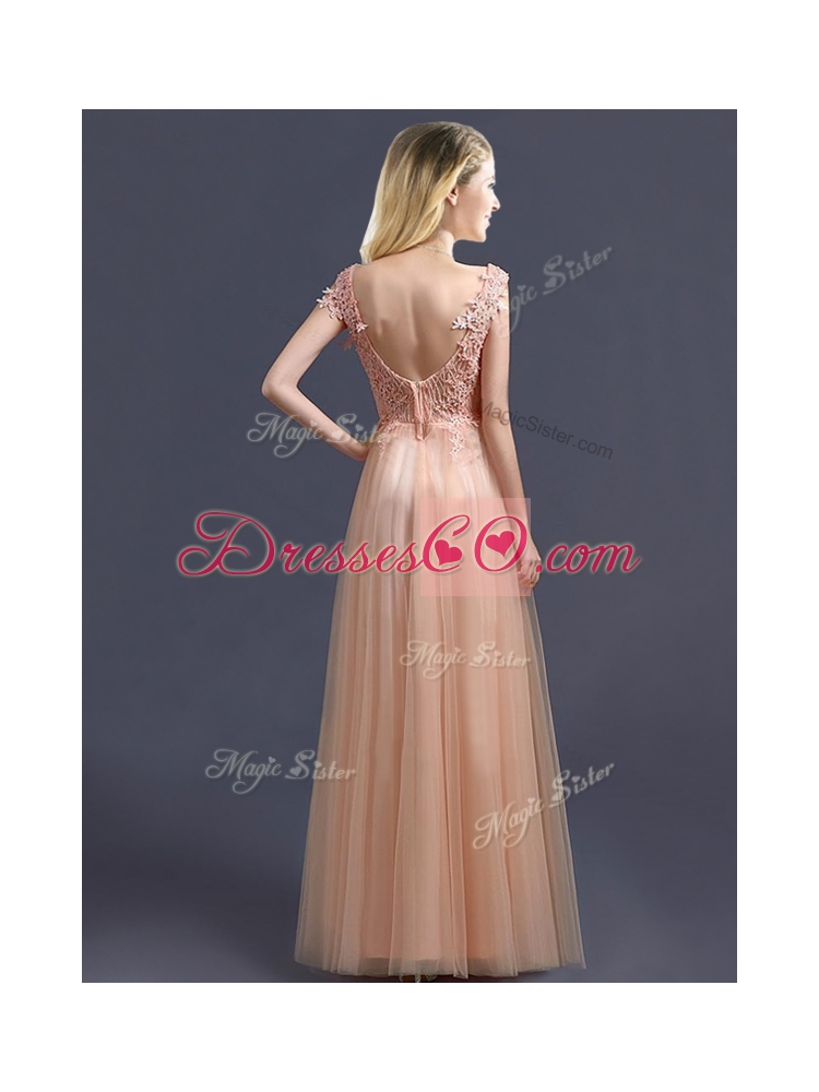 Top V Neck Long Bridesmaid Dress with Appliques and Beading