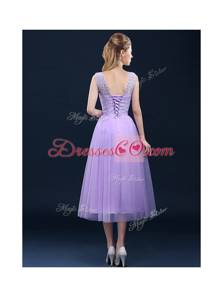 Beautiful See Through Laced and Applique Bridesmaid Dress in Tea Length