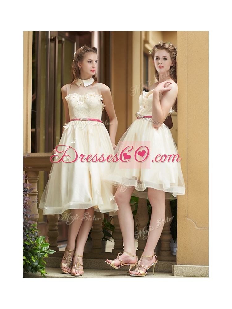 Champagne Organza Bridesmaid Dress with Appliques and Sashes