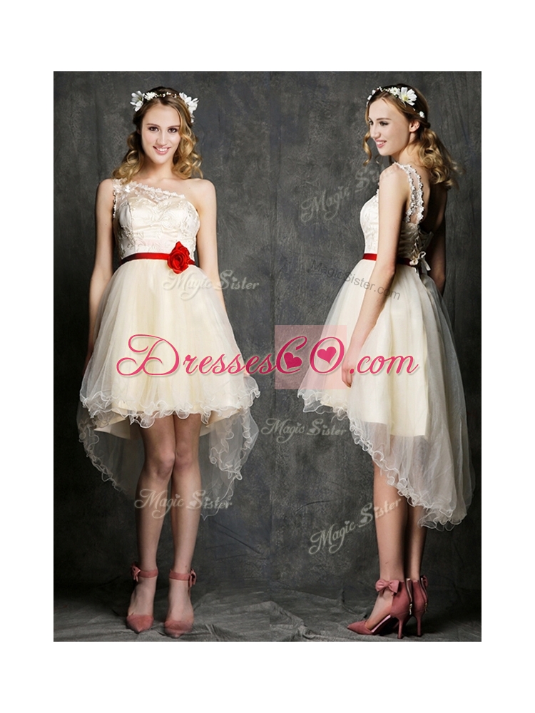 Classical One Shoulder High Low Champagne Bridesmaid Dress with Belt and Appliques