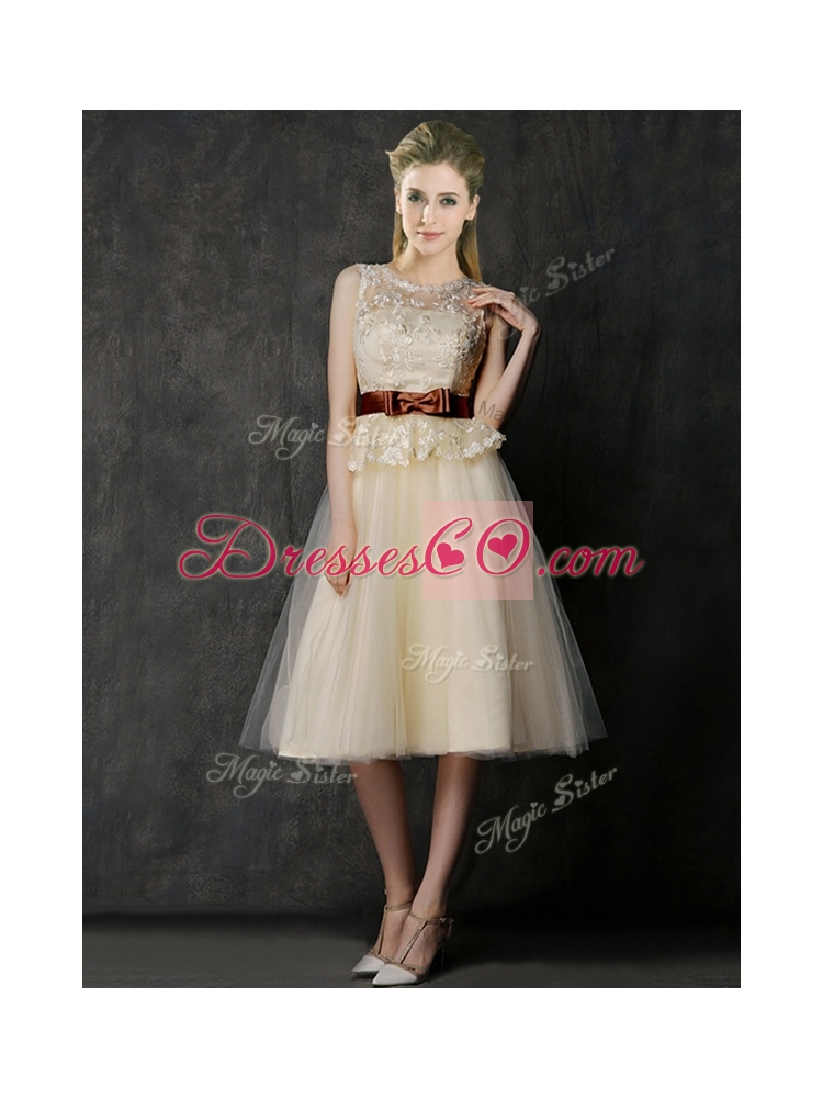 Classical See Through Scoop Bridesmaid Dress with Bowknot and Lace