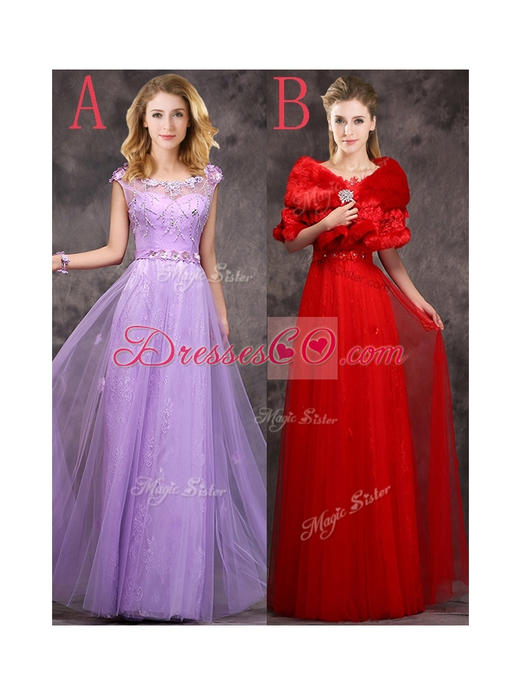 Discount Beaded and Applique Cap Sleeves Long Bridesmaid Dress in Tulle