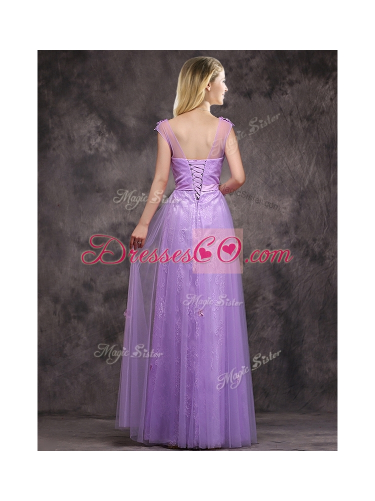 Discount Beaded and Applique Cap Sleeves Long Bridesmaid Dress in Tulle