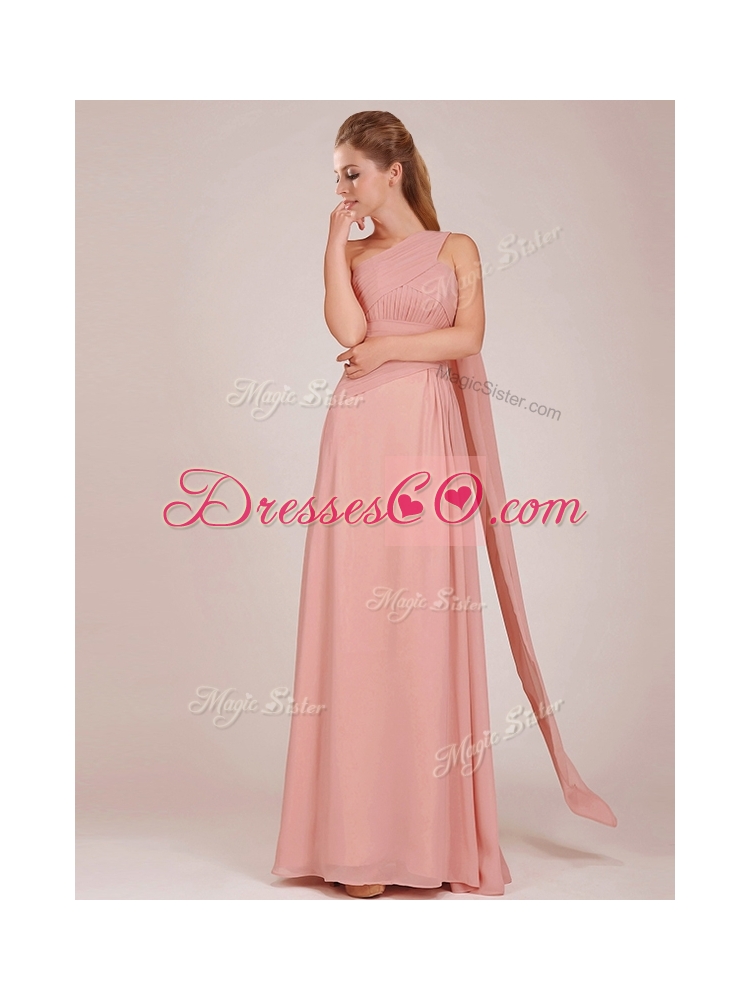 Elegant Empire One Shoulder Ruched Peach Long Bridesmaid Dress