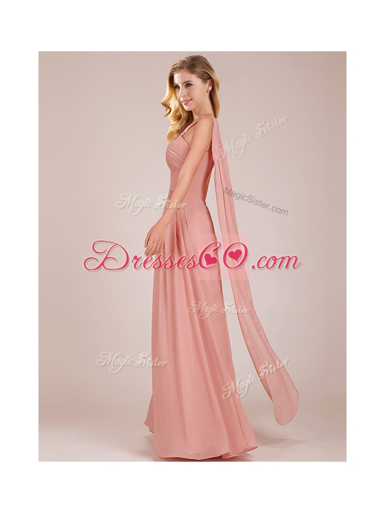Elegant Empire One Shoulder Ruched Peach Long Bridesmaid Dress