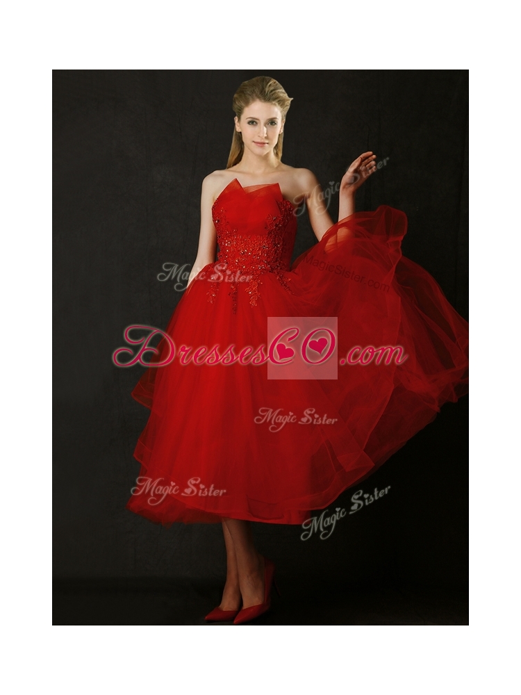 Elegant Tea Length Applique Red Bridesmaid Dress with Asymmetrical Neckline