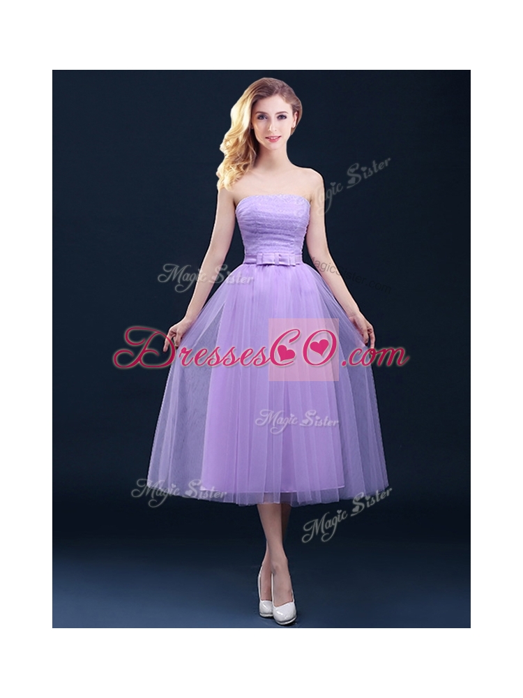 Exclusive A Line Tulle Lavender Bridesmaid Dress in Tea Length