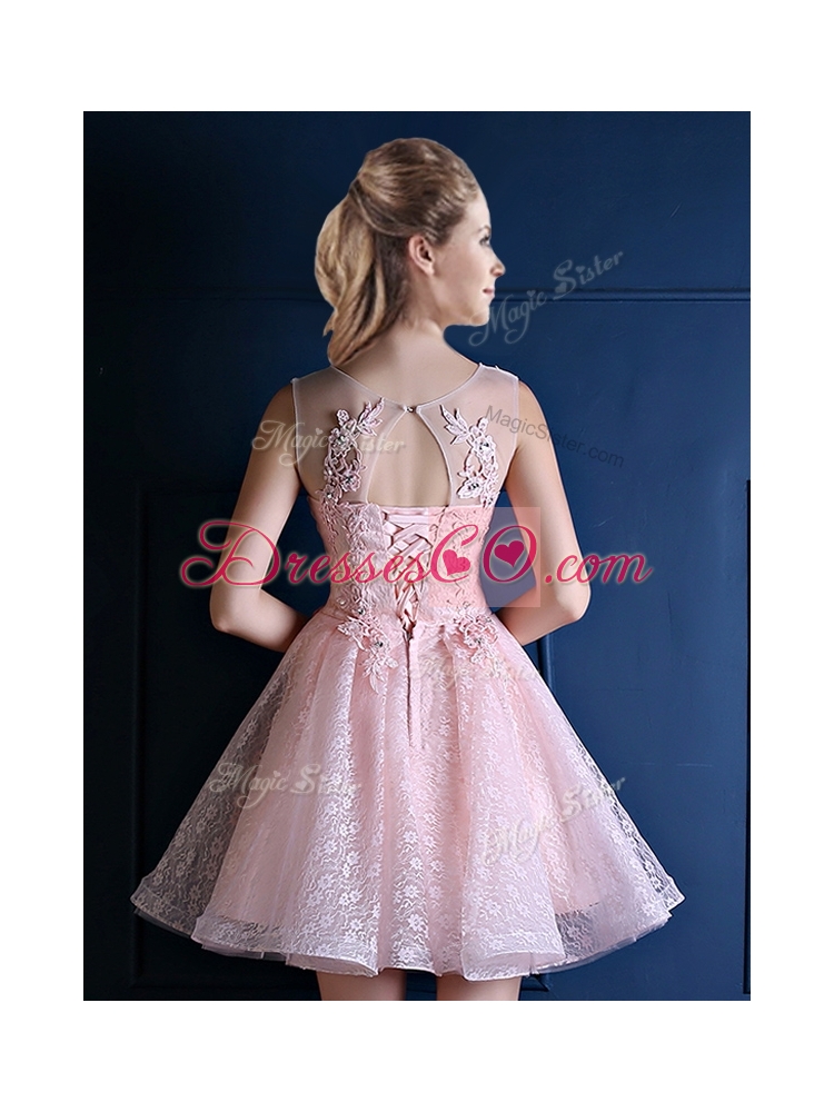 Exquisite Baby Pink Scoop Bridesmaid Dress with Appliques and Beading