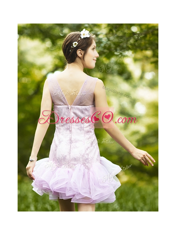 Fashionable Laced and Ruffled Short Bridesmaid Dress in Lavender