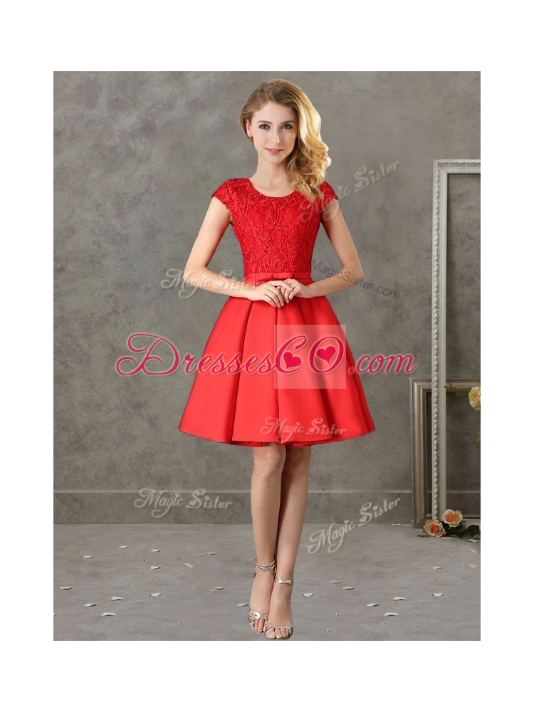 Gorgeous Scoop Cap Sleeves Red Bridesmaid Dress with Lace and Bowknot