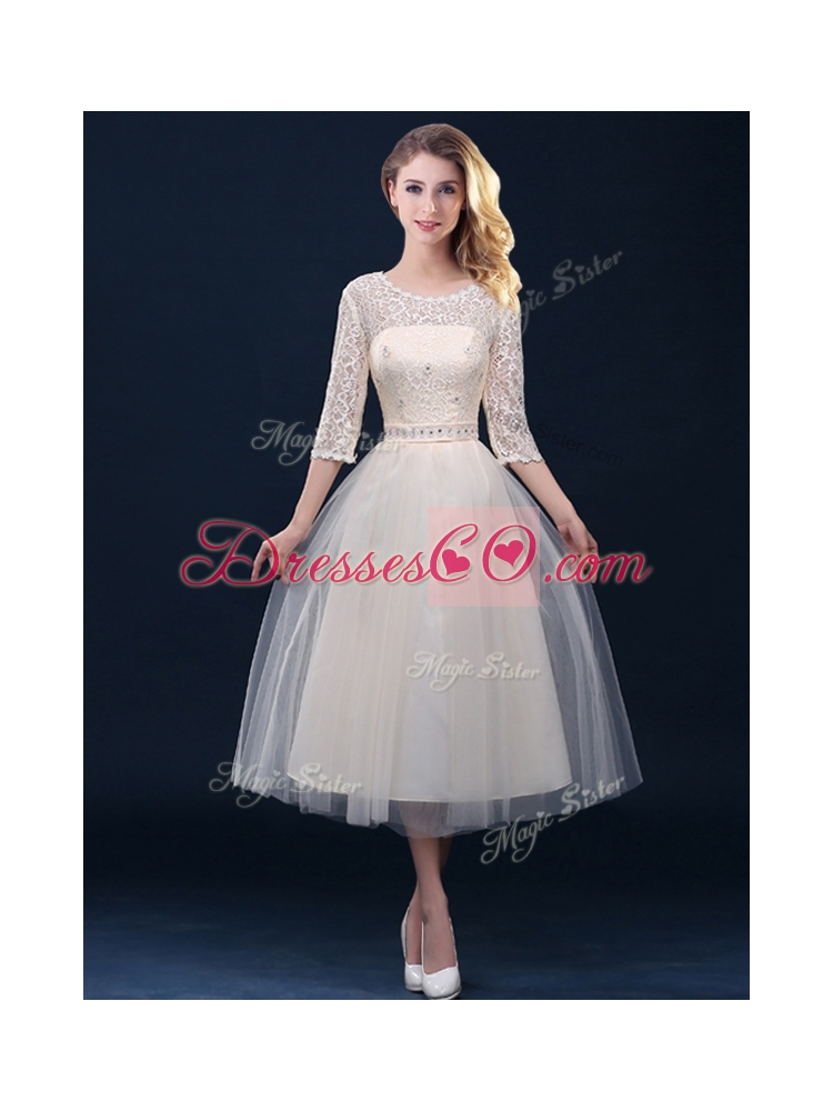 Hot Sale Laced and Applique Champagne Bridesmaid Dress in Tea Length