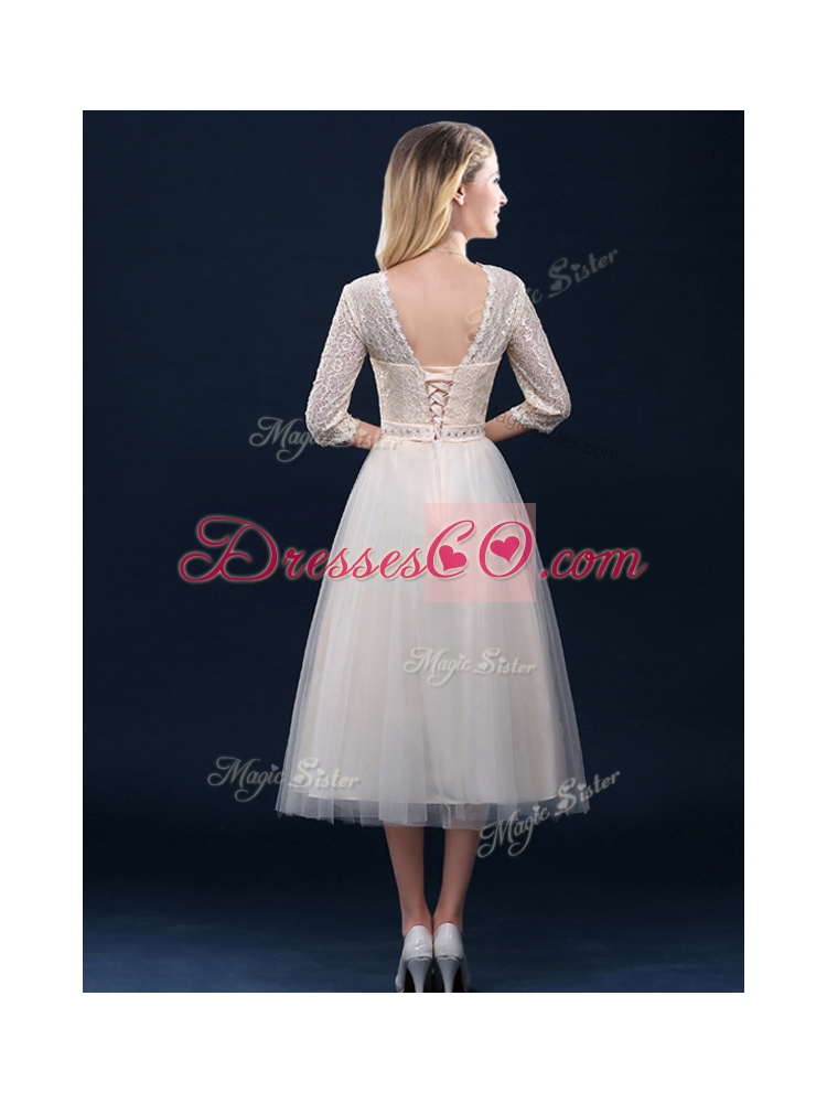 Hot Sale Laced and Applique Champagne Bridesmaid Dress in Tea Length