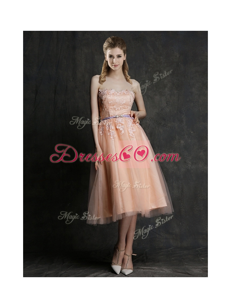 Hot Sale Strapless Peach Bridesmaid Dress with Sashes and Lace