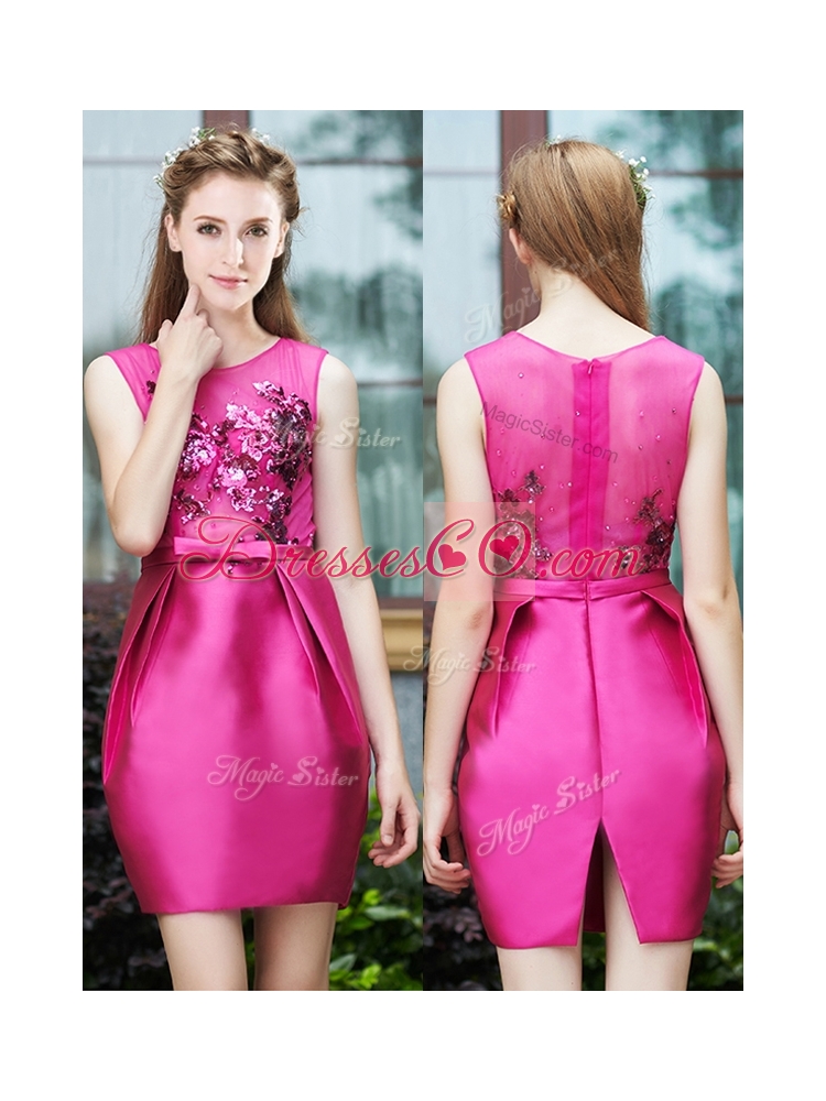 Luxurious Column Scoop Applique Hot Pink Bridesmaid Dress in Satin
