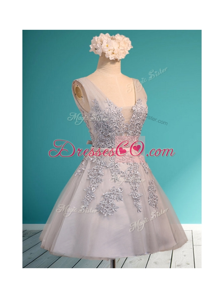Modest Deep V Neckline Grey Bridesmaid Dress with Appliques and Belt