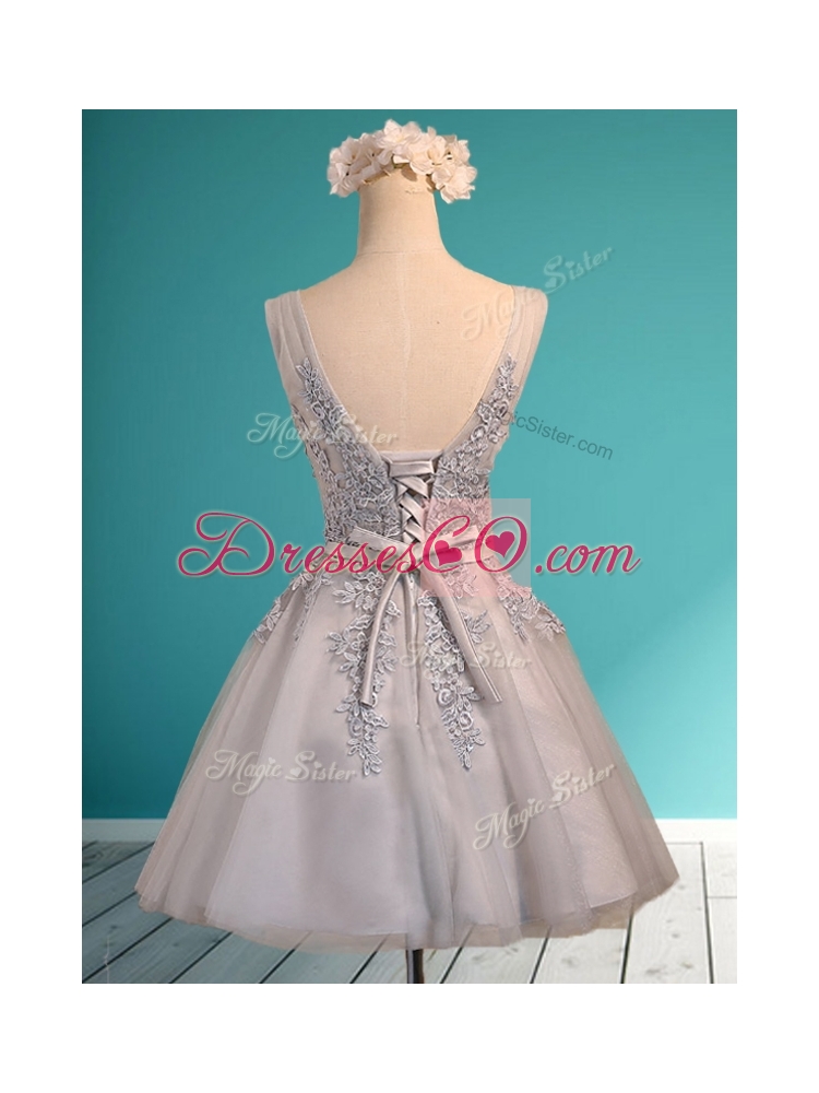 Modest Deep V Neckline Grey Bridesmaid Dress with Appliques and Belt