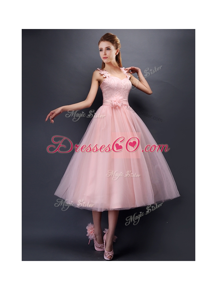 Most Popular Baby Pink Tulle Bridesmaid Dress in Tea Length