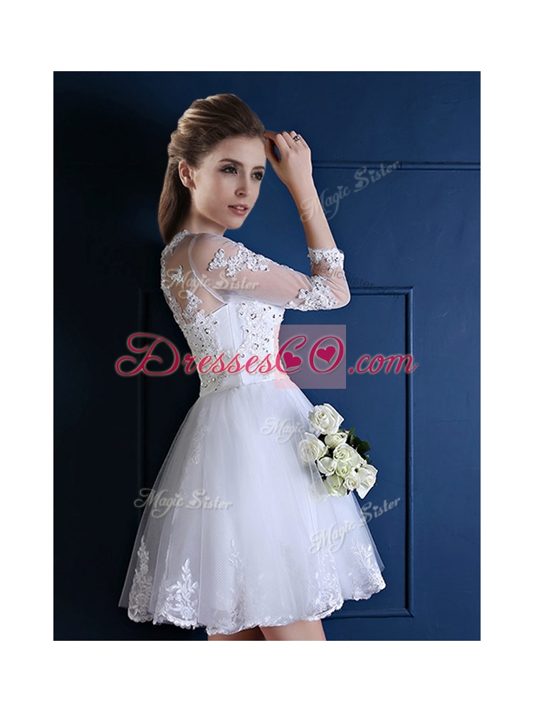 New See Through Scoop Three Fourth Length Sleeves Short Bridesmaid Dress in White