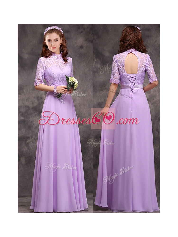 Perfect High Neck Handcrafted Flowers Bridesmaid Dress with Half Sleeves