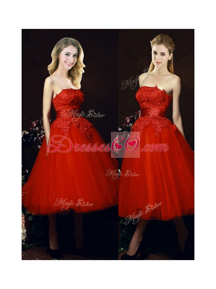 Perfect Puffy Skirt Strapless Applique Tea Length Red Bridesmaid Dress