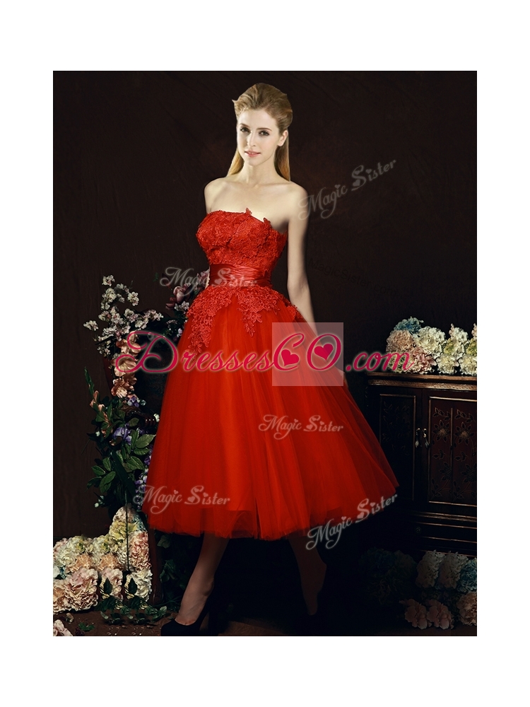 Perfect Puffy Skirt Strapless Applique Tea Length Red Bridesmaid Dress