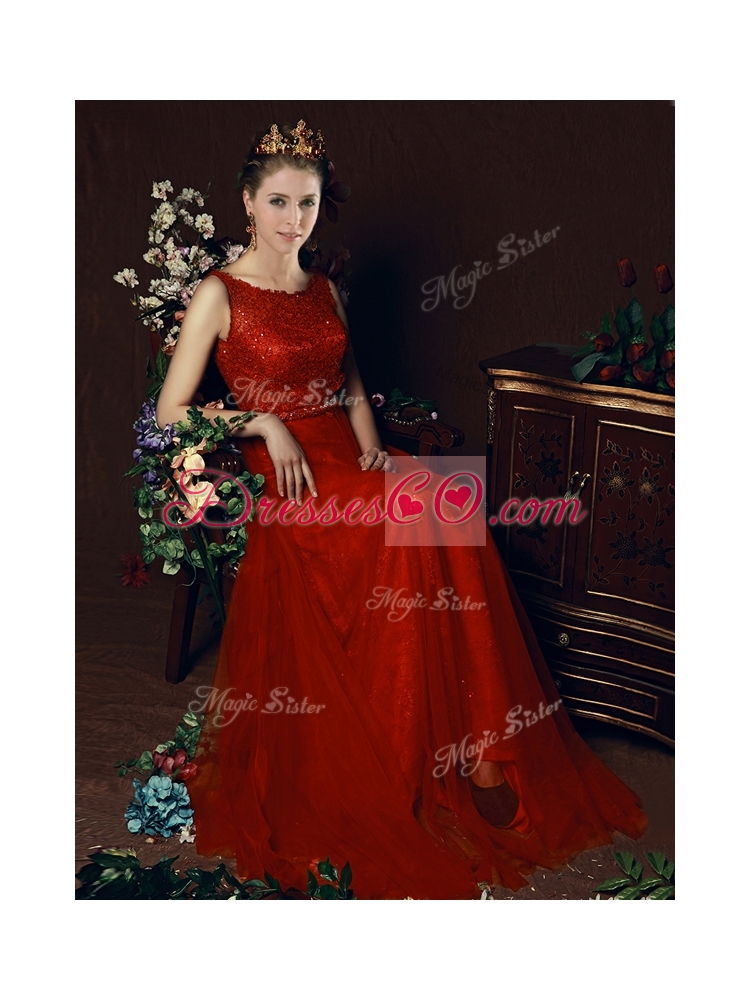Popular Belted Empire Scoop Red Bridesmaid Dress with Brush Train