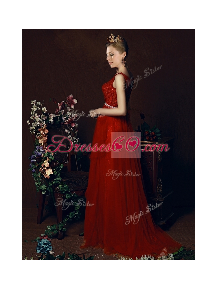 Popular Belted Empire Scoop Red Bridesmaid Dress with Brush Train