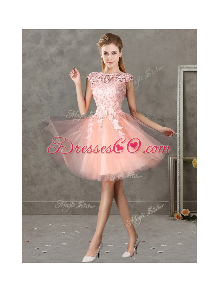 Romantic Bateau Cap Sleeves Short Bridesmaid Dress with Lace