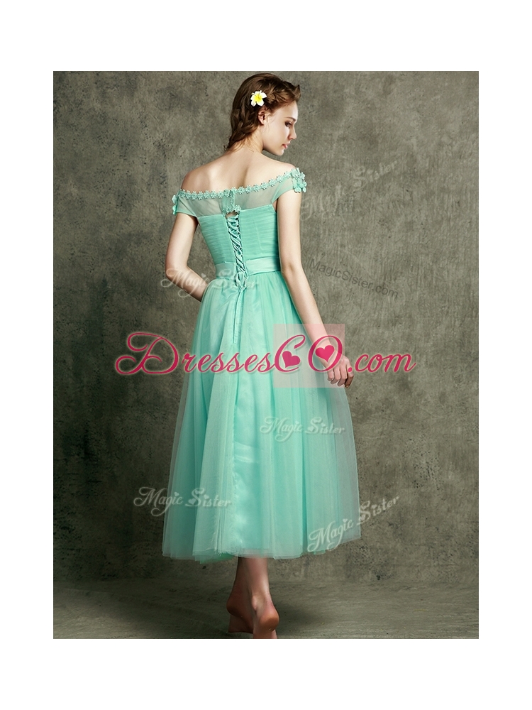 Romantic Off the Shoulder Cap Sleeves Bridesmaid Dress with Appliques and Hand Made Flowers