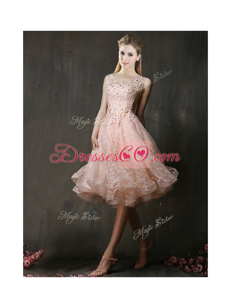 See Through Beaded and Applique Peach Bridesmaid Dress with Polka Dot