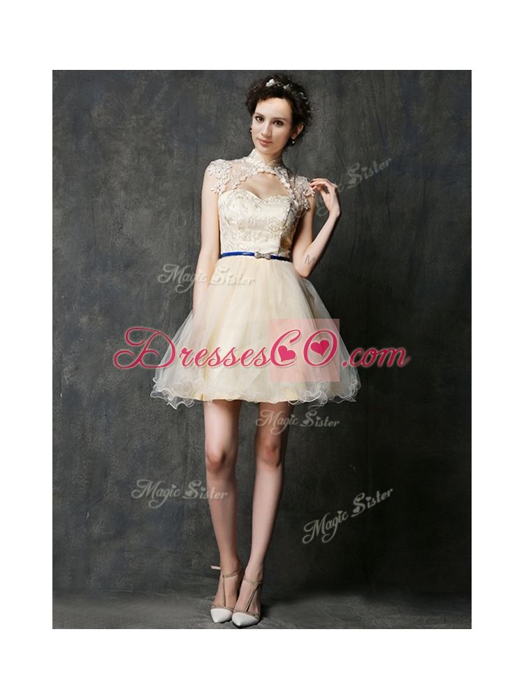 See Through High Neck Short Bridesmaid Dress with Sashes and Lace