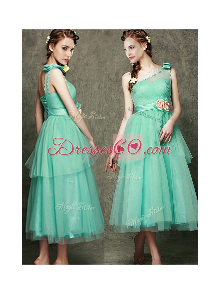 See Through One Shoulder Bridesmaid Dress with Bowknot and Hand Made Flowers