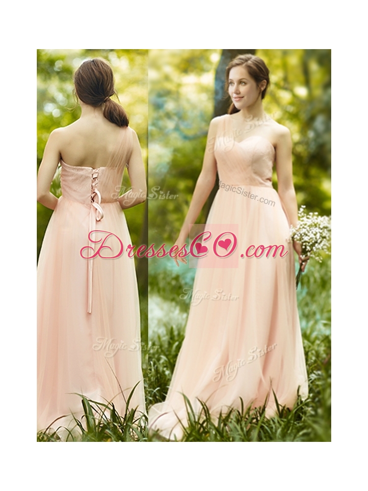 See Through One Shoulder Peach Bridesmaid Dress in Floor Length