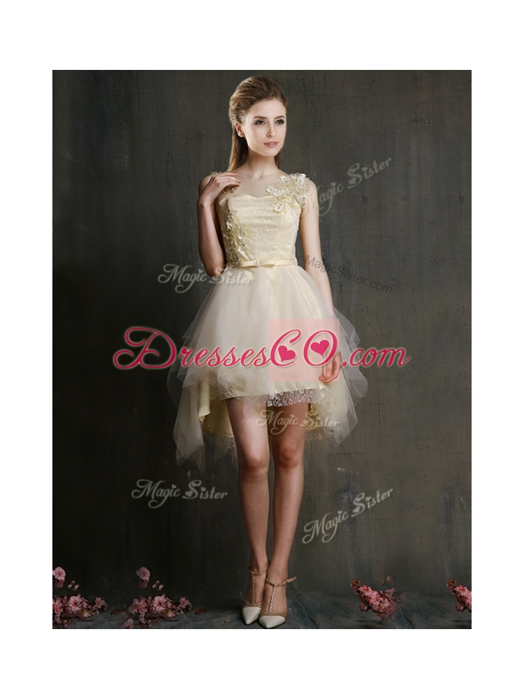 See Through Scoop Champagne Bridesmaid Dress with Appliques and Belt