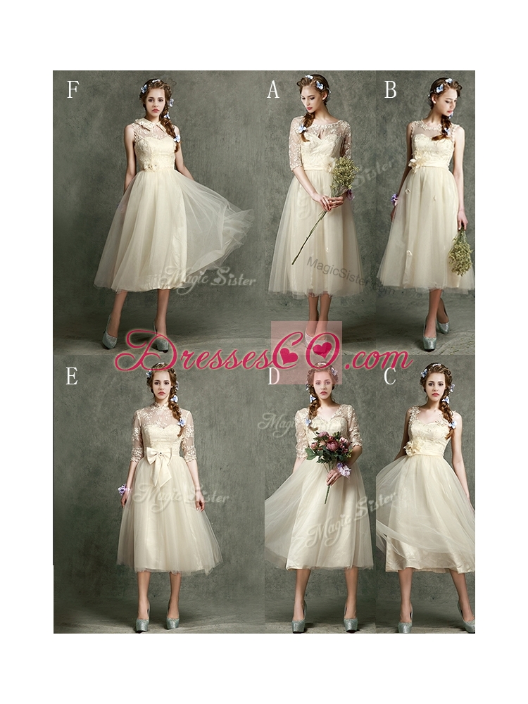 See Through Scoop Half Sleeves Bridesmaid Dress with Hand Made Flowers and Lace