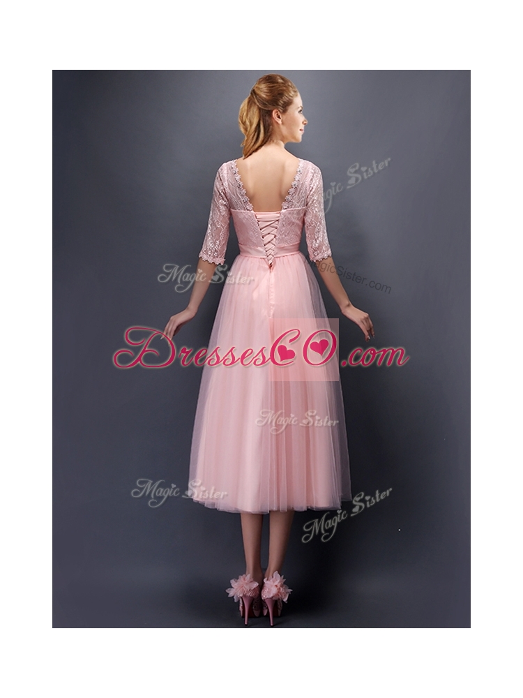 See Through V Neck Half Sleeves Bridesmaid Dress with Lace and Belt