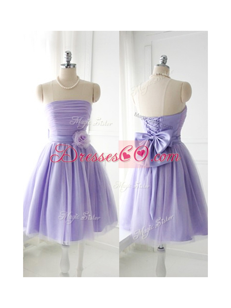 Simple Handcrafted Flower Tulle Lavender Bridesmaid Dress with Strapless