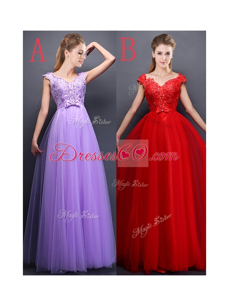 Unique V Neck Tulle Bridesmaid Dress with Beading and Bowknot