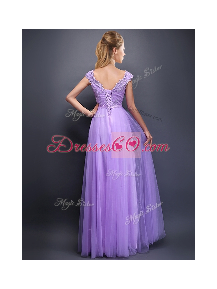 Unique V Neck Tulle Bridesmaid Dress with Beading and Bowknot