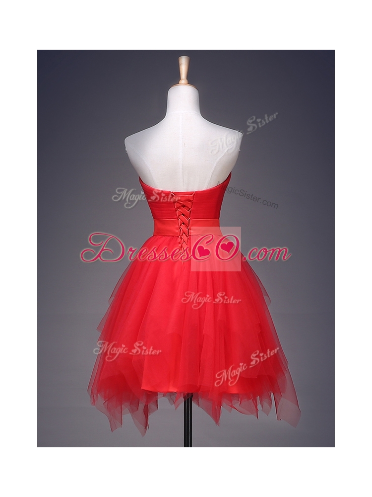 Wonderful Ruffled and Belted Short Bridesmaid Dress in Red
