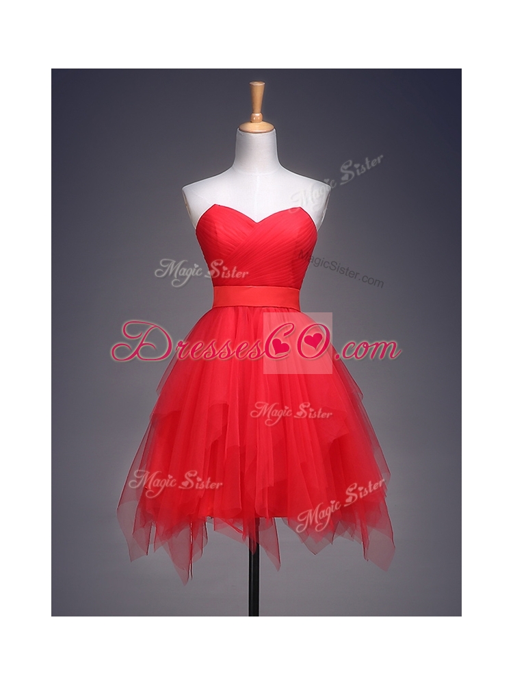 Wonderful Ruffled and Belted Short Bridesmaid Dress in Red