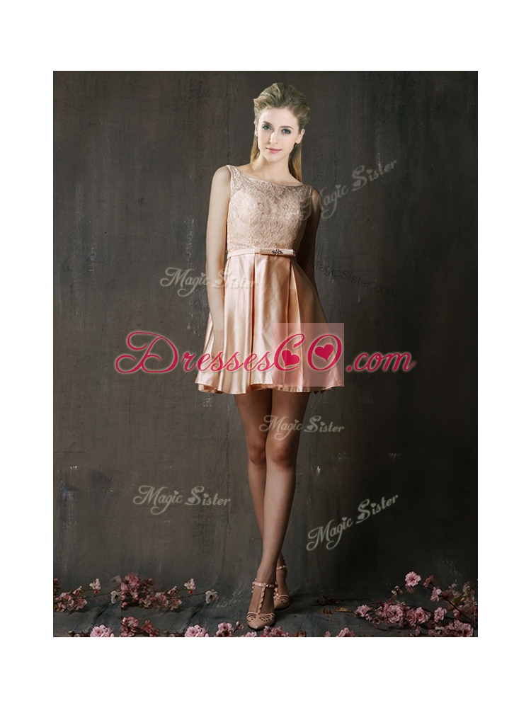 Laced and Belted Short Bridesmaid Dress in Peach