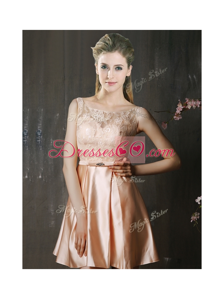 Laced and Belted Short Bridesmaid Dress in Peach