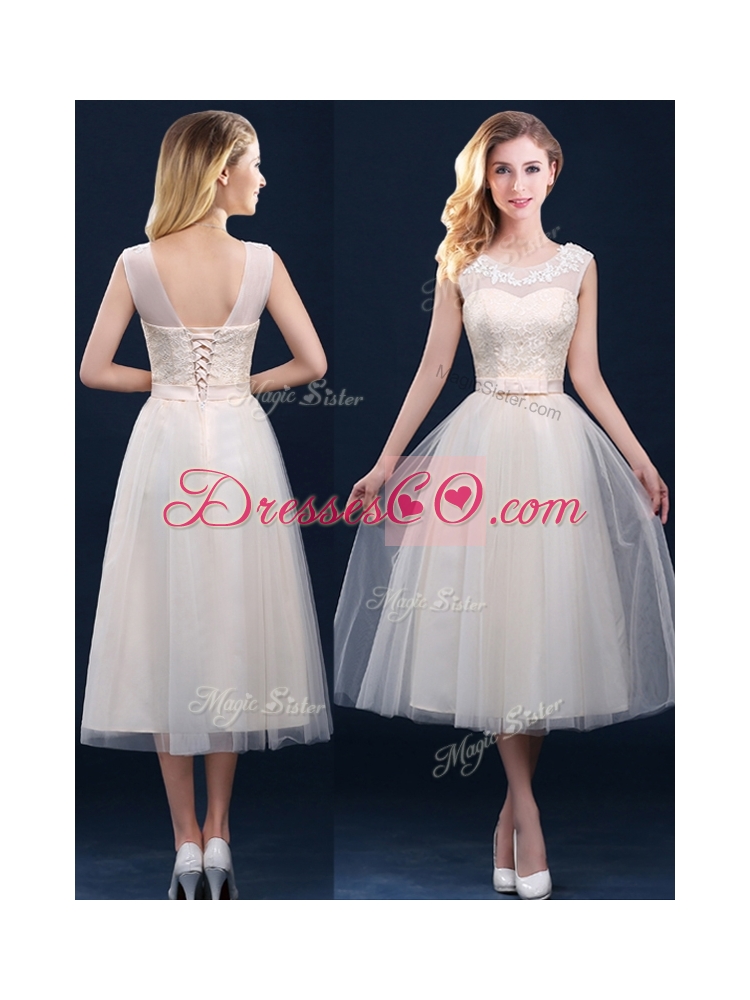 See Through Champagne Bridesmaid Dress with Appliques and Belt
