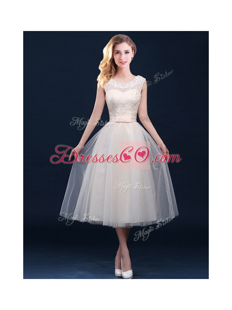 See Through Champagne Bridesmaid Dress with Appliques and Belt