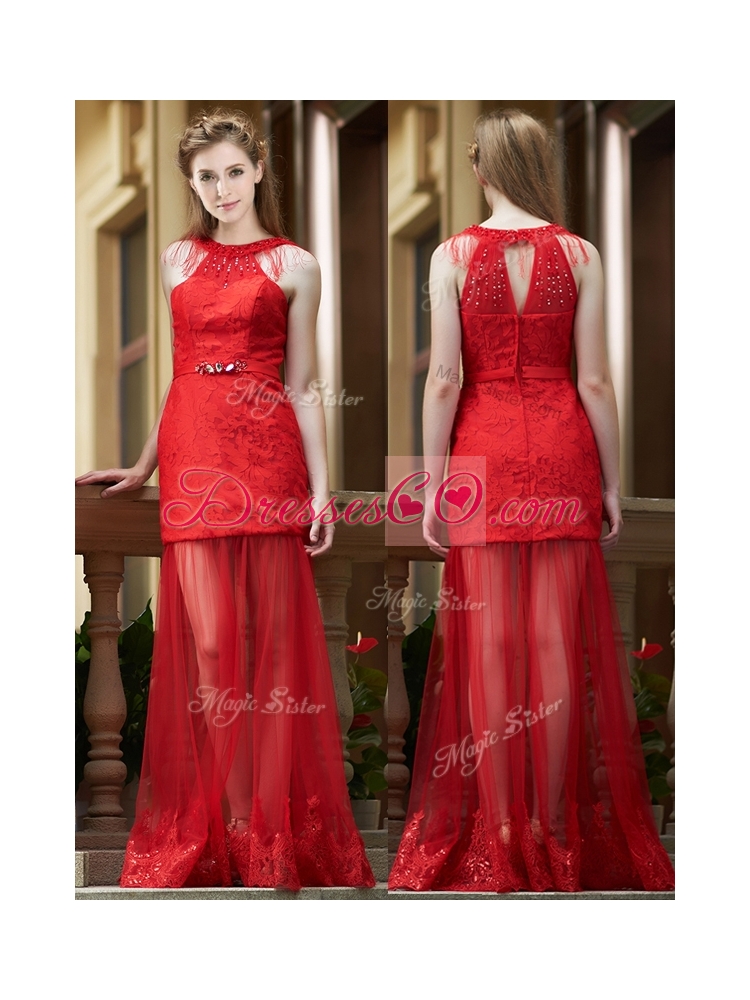 Cheap Belted Red Long Bridesmaid Dress in Tulle and Lace